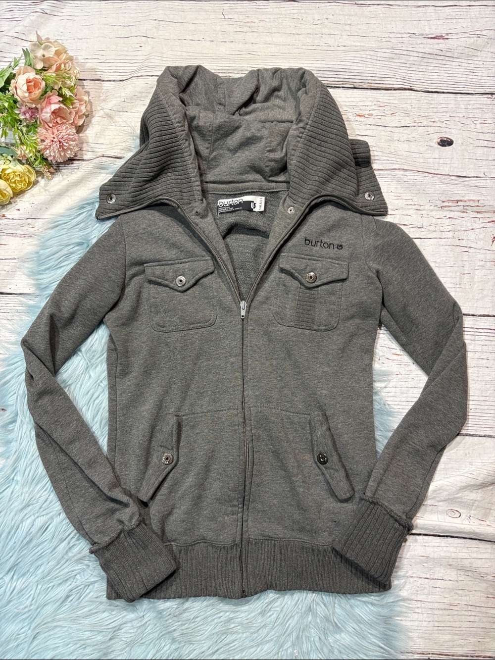 Burton Gray Hooded Ribbed Button Front Sweatshirt Jacket